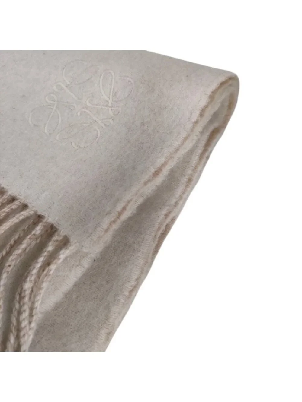 Loewe Anagram Embroidery Wool Cashmere Reversible Fringe Scarf Beige Ivory